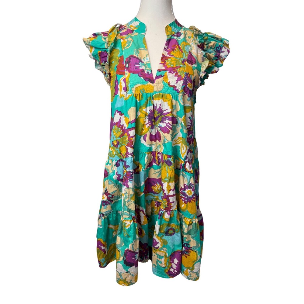 Love the Label Teal Floral Tiered Cotton Dress Ruffle Sleeve Small Anthropologie